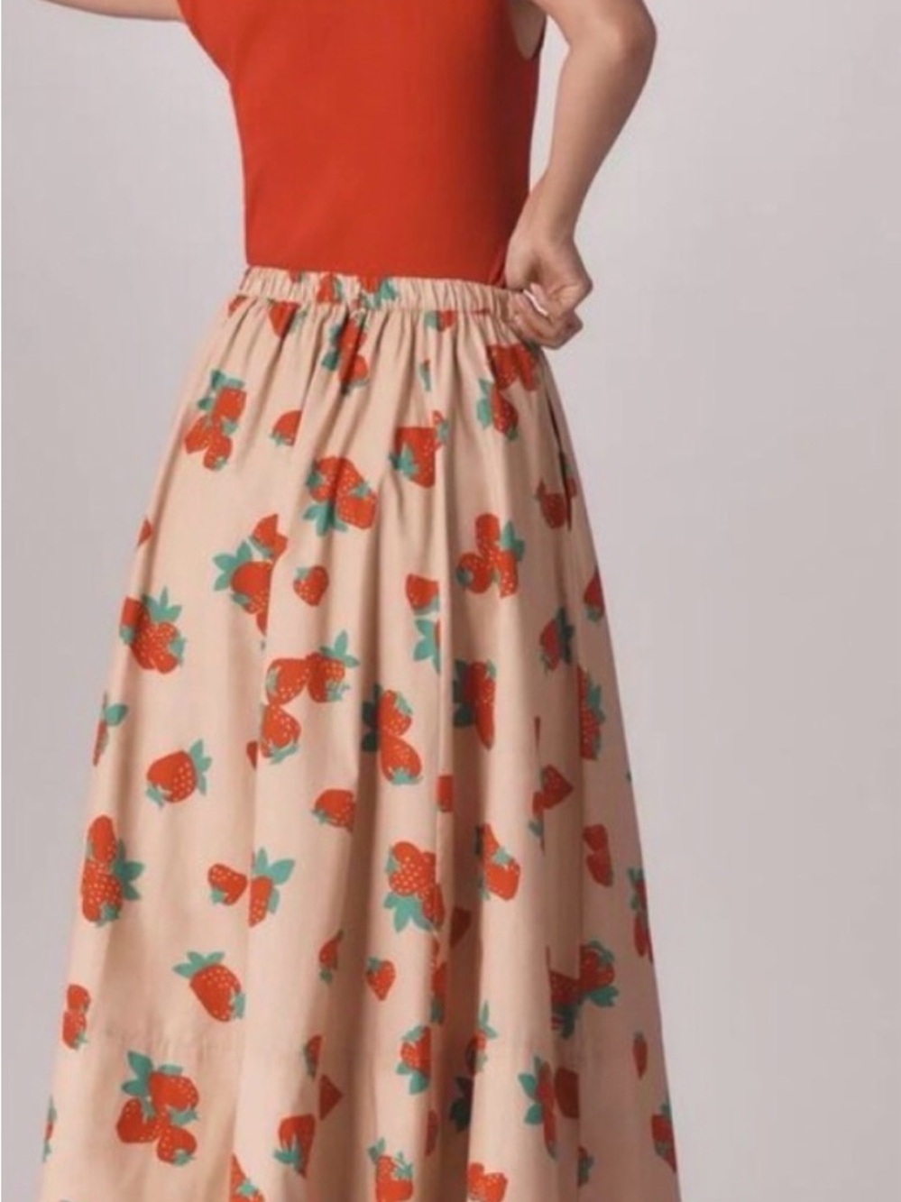 Anthropologie Beige Maxi Skirt with Red Strawberry Print - Picture 2 of 11